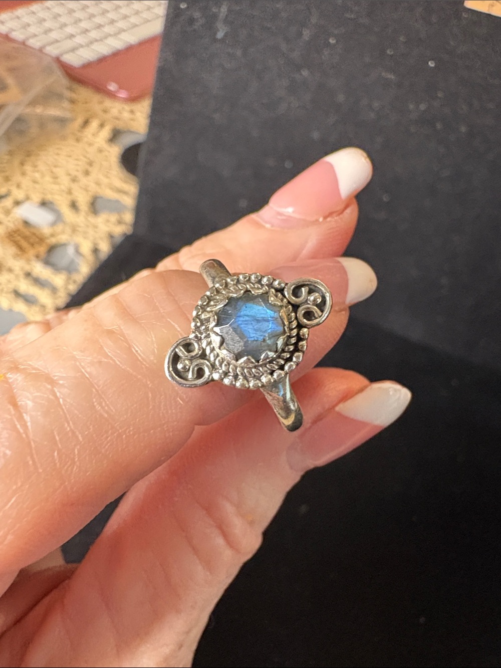 Silver Ring with Blue Labradorite Center
